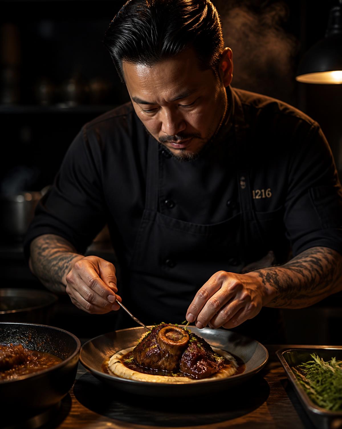 Chef plating a braised oxtail dish