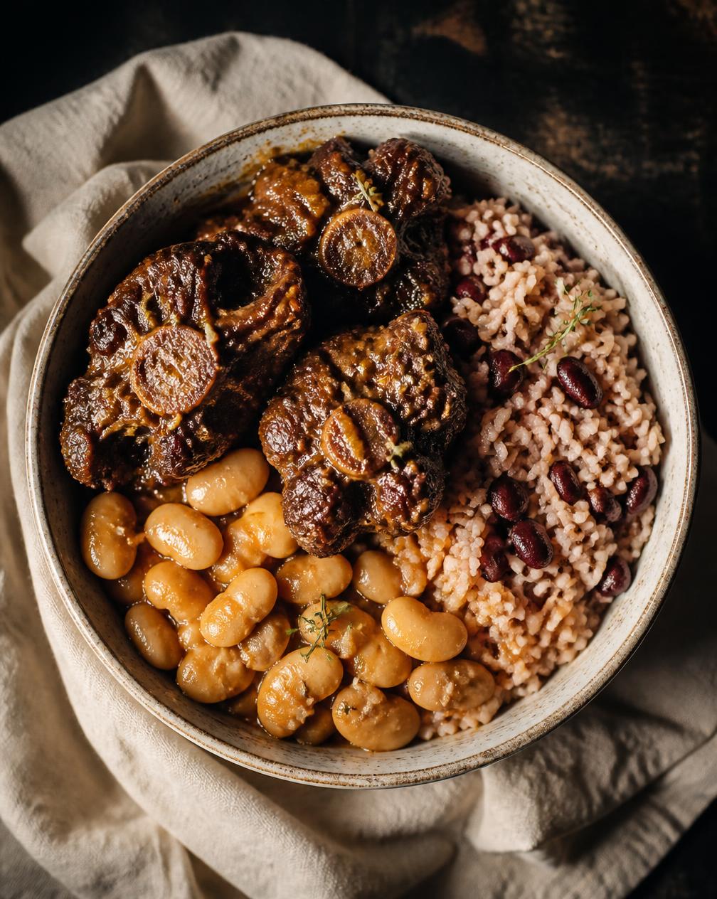 Oxtail served with rice and peas and butter beans
