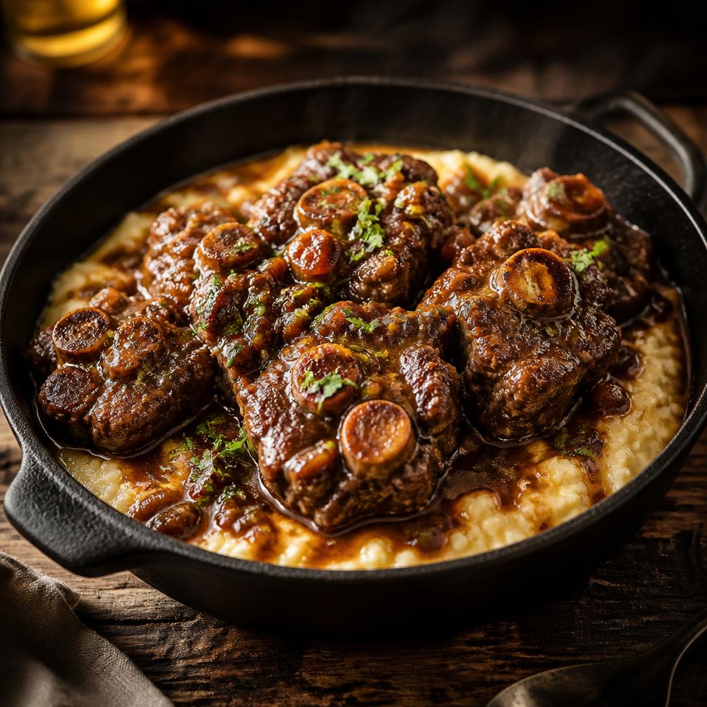Braised oxtail over creamy grits in a cast iron skillet