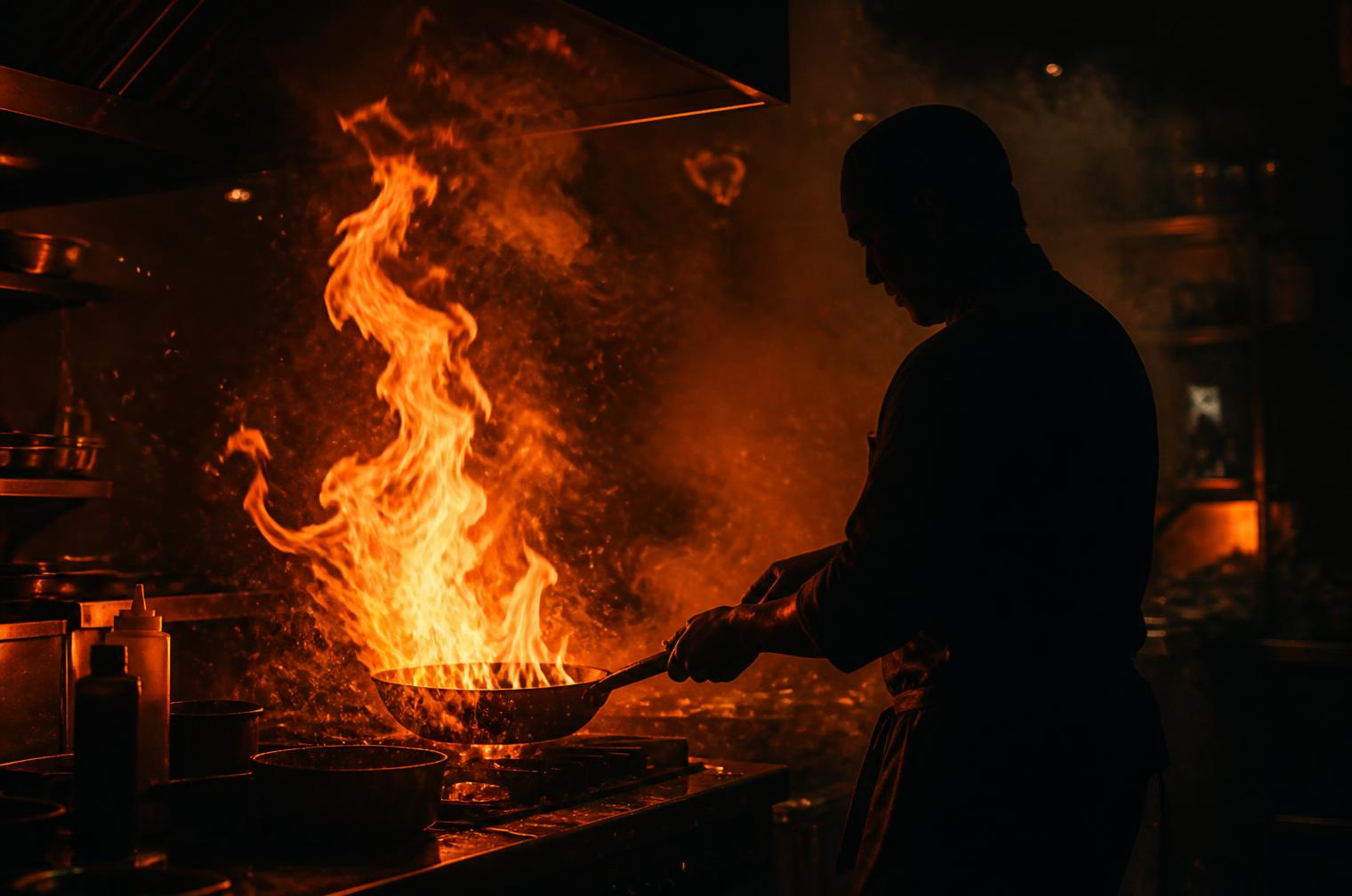 Chef silhouetted against flames in a dark kitchen